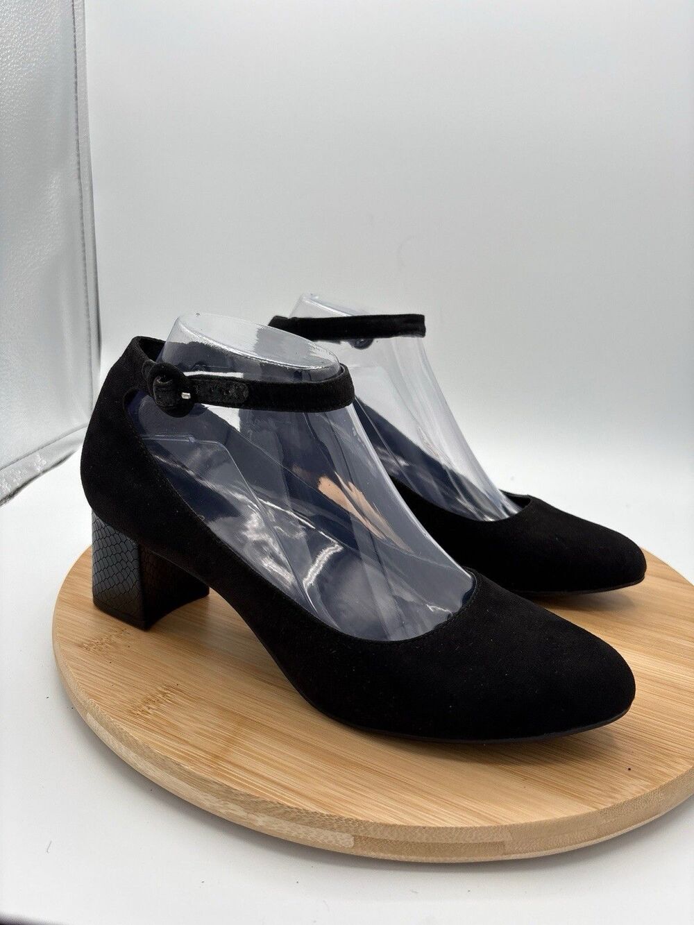 Bandolino Odear Black Faux Suede Ankle Strap Embossed Block Heel Pumps 8 Classic